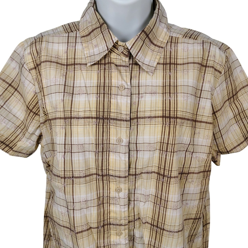 Mountain Lake Womens Medium Plaid Embroidered Short Sleeve Button Up Shirt Tan